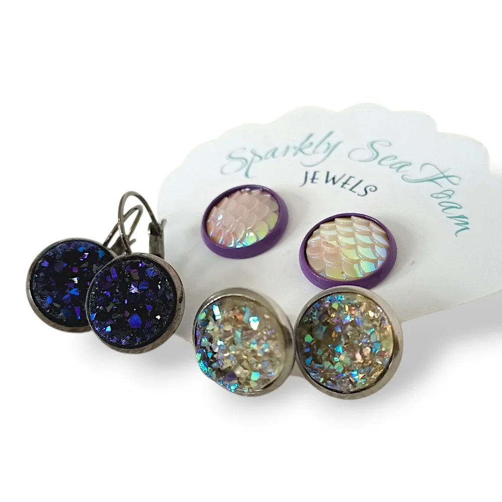 Mermaid Stud Earrings Druzy Geode Sparkly Purple Black Whimsigoth Raw Iridescent - Picture 7 of 7